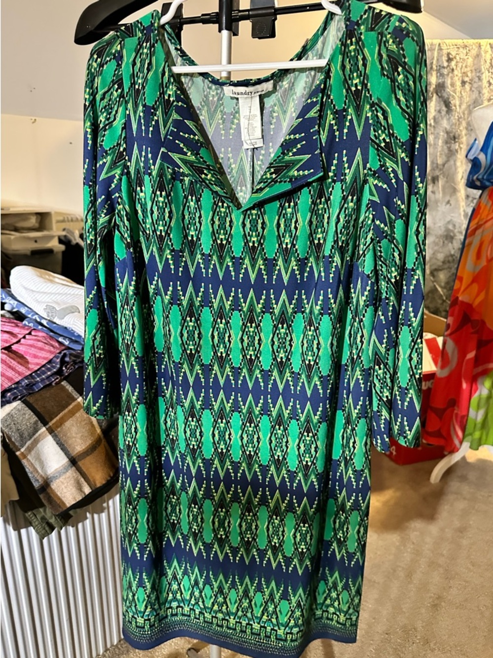 Laundry by Design Green & Navy Geometric Long Sleeve Dress, Size 10